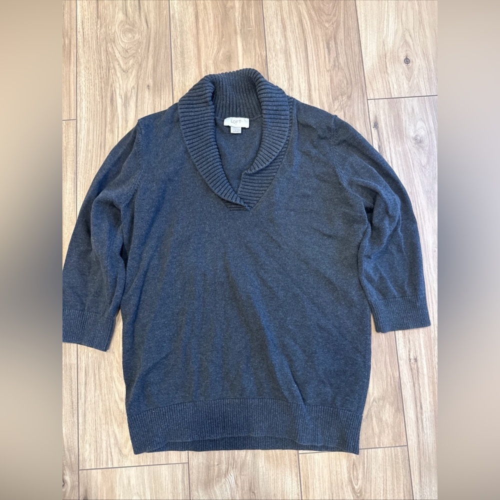 Loft Cowl V Neck Women's Grey Pullover Sweater Size L 100% Cotton